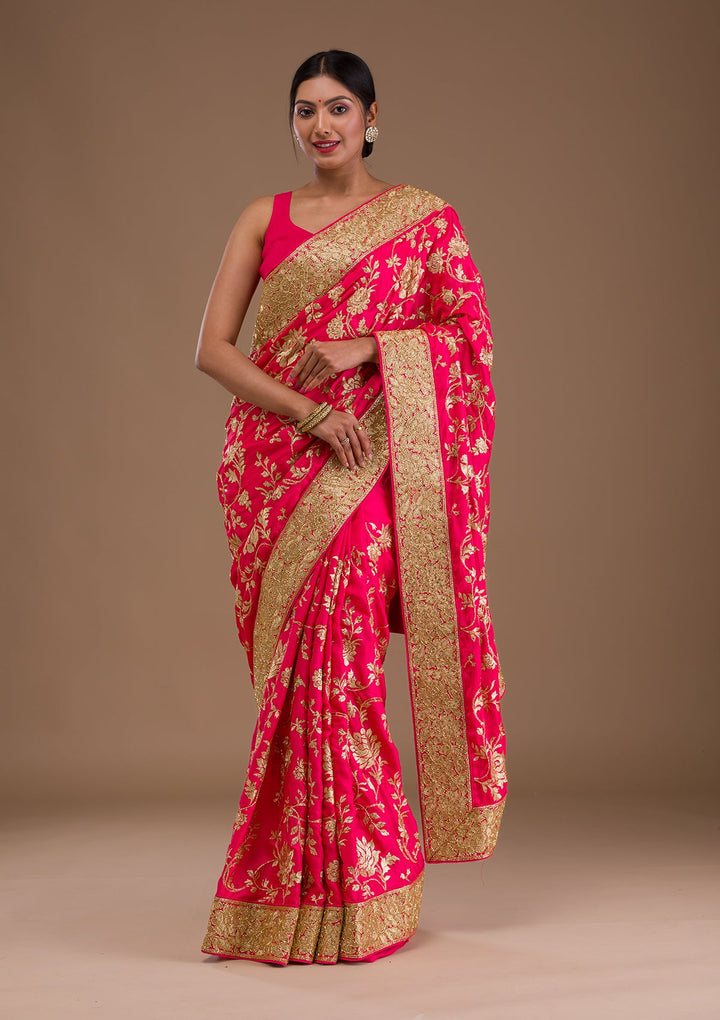 Pink Zariwork Crepe Saree-Koskii