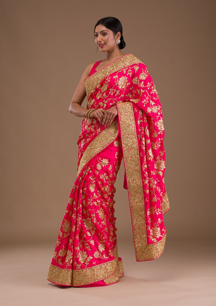 Pink Zariwork Crepe Saree-Koskii