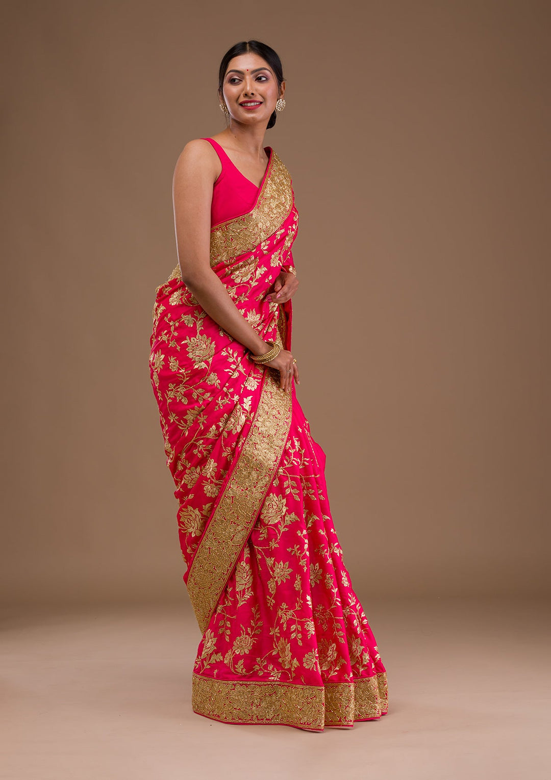 Pink Zariwork Crepe Saree-Koskii