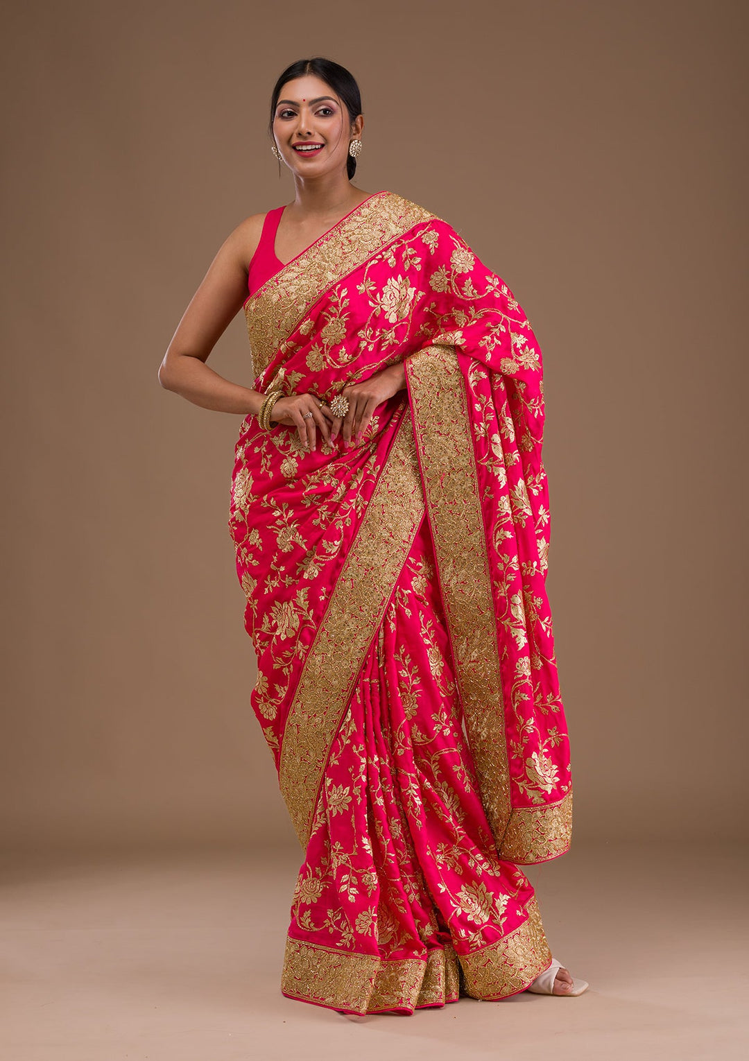 Pink Zariwork Crepe Saree-Koskii