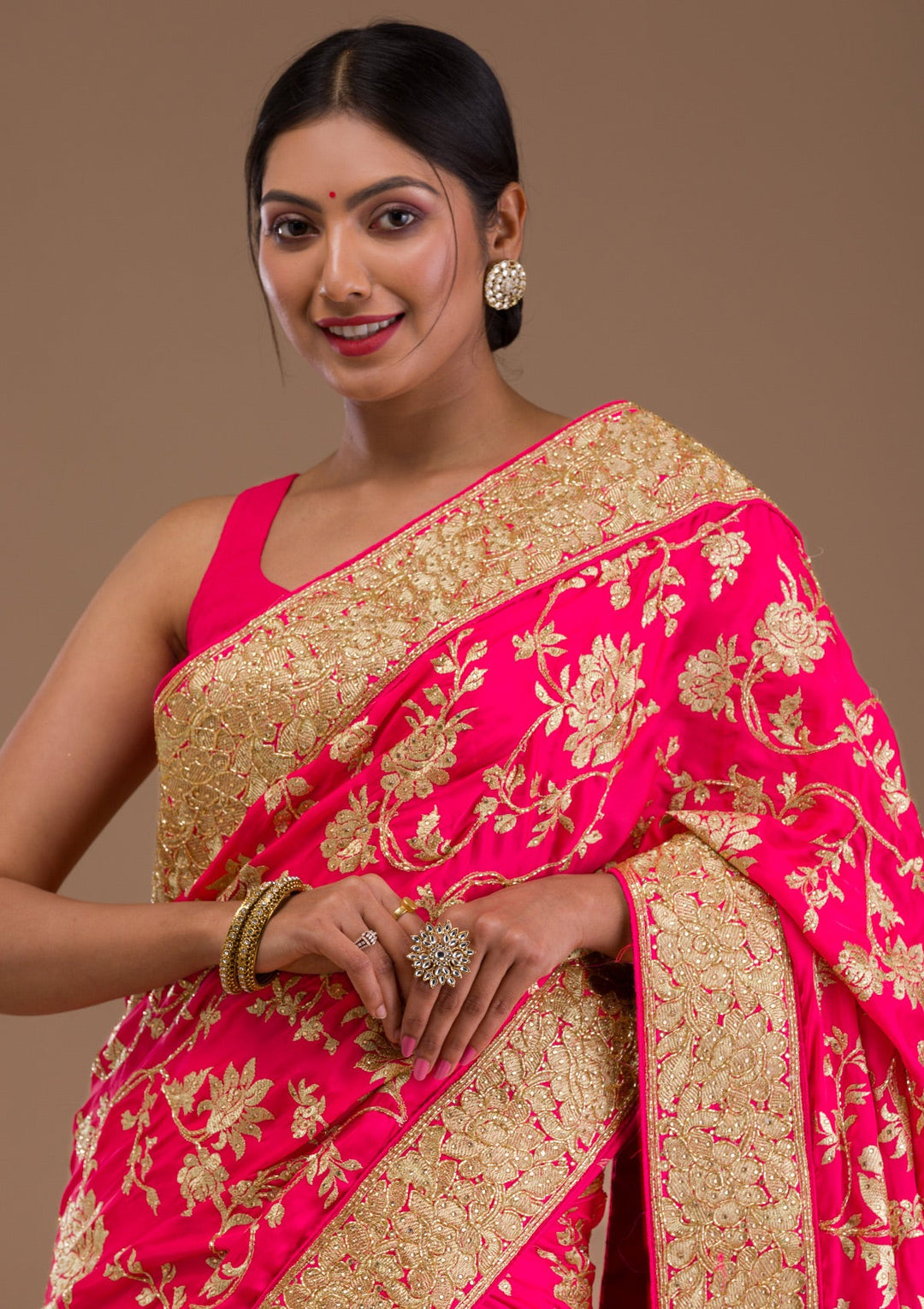 Pink Zariwork Crepe Saree-Koskii