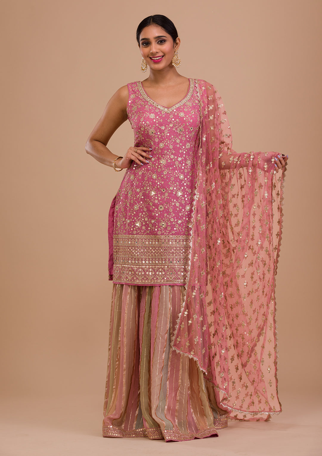 Pink Zariwork Georgette Readymade Salwar Kameez-Koskii