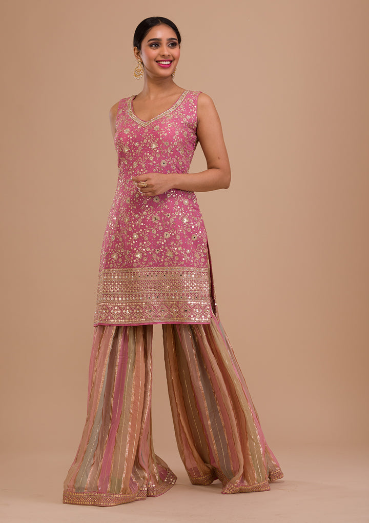 Pink Zariwork Georgette Readymade Salwar Kameez-Koskii
