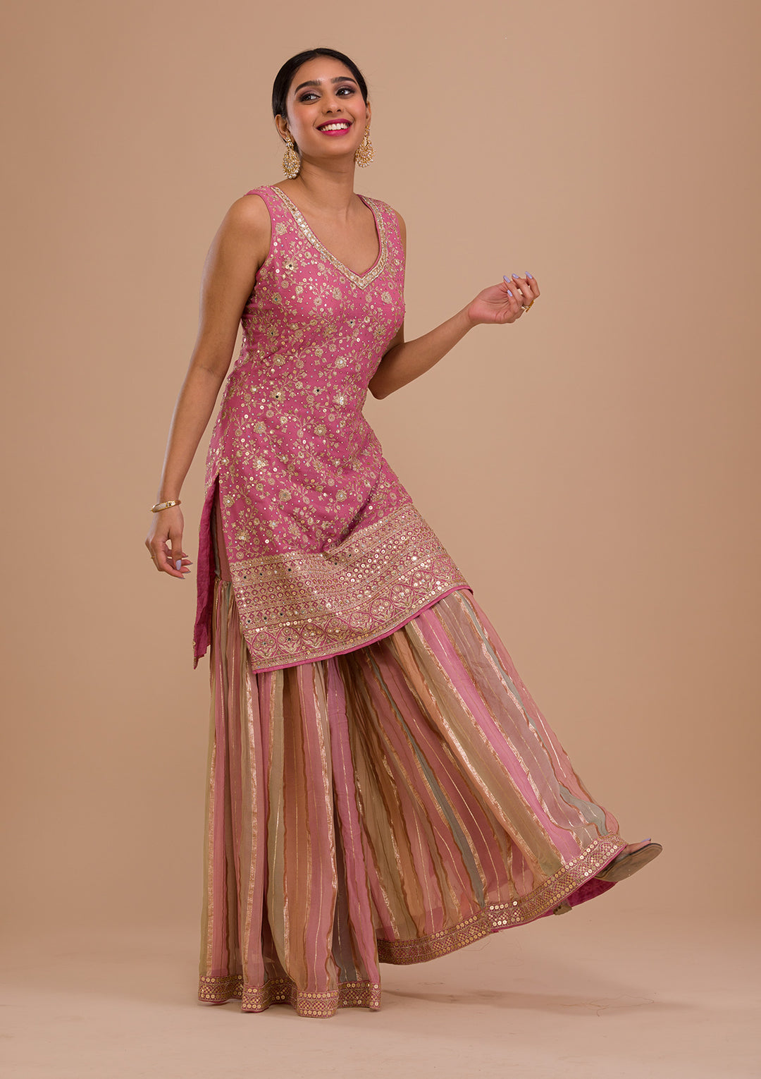 Pink Zariwork Georgette Readymade Salwar Kameez-Koskii