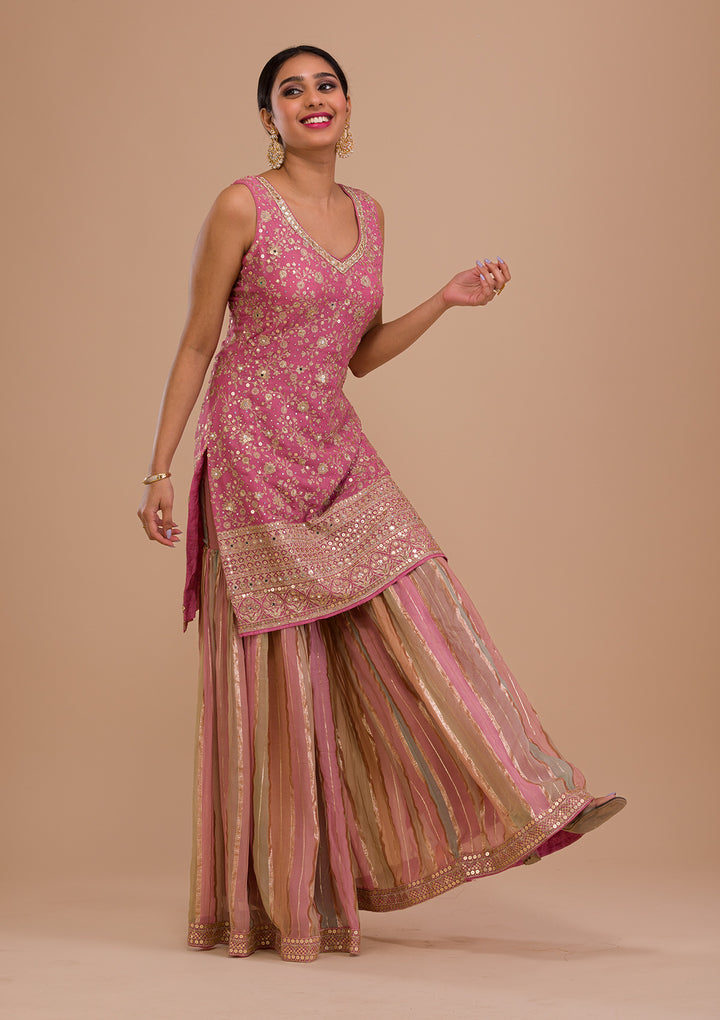Pink Zariwork Georgette Readymade Salwar Kameez-Koskii