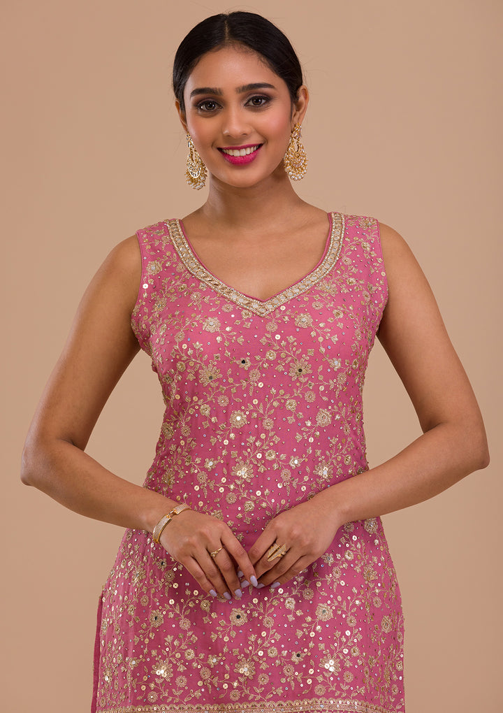 Pink Zariwork Georgette Readymade Salwar Kameez-Koskii