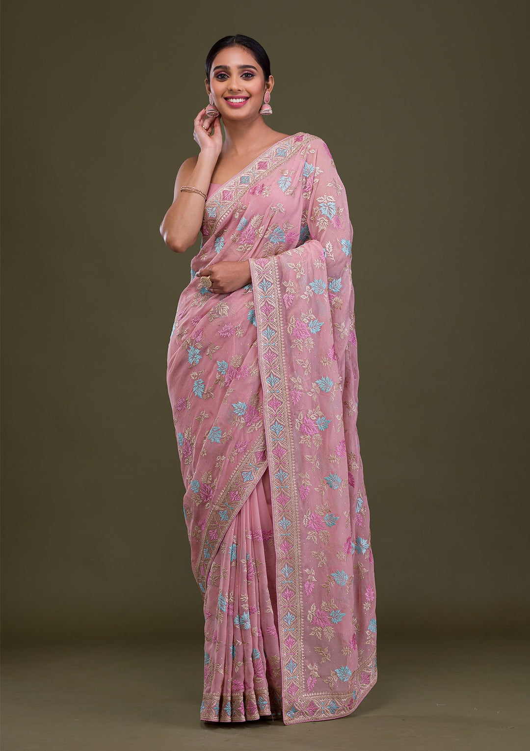 Pink Zariwork Georgette Saree-Koskii