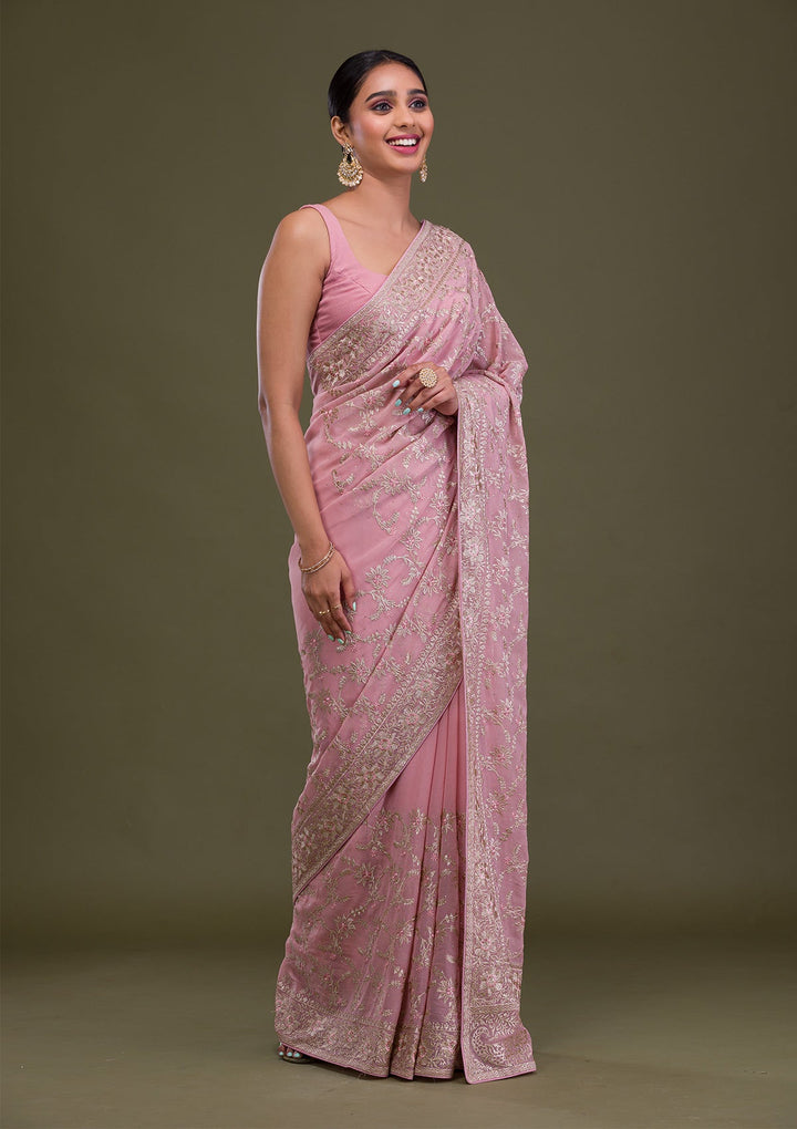 Pink Zariwork Georgette Saree-Koskii