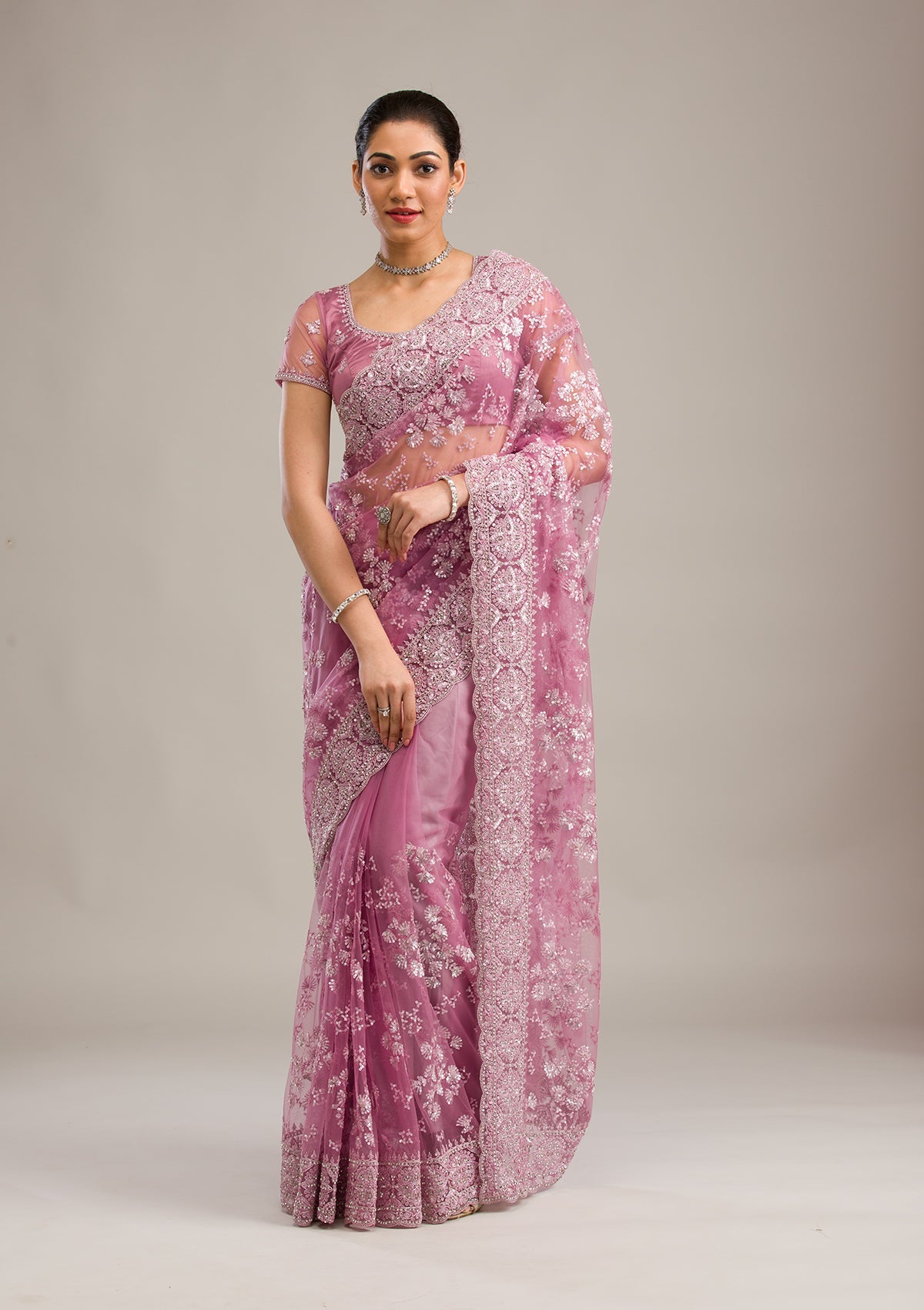 Pink Zariwork Net Saree-Koskii