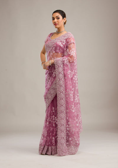 Pink Zariwork Net Saree-Koskii