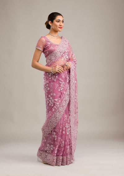 Pink Zariwork Net Saree-Koskii