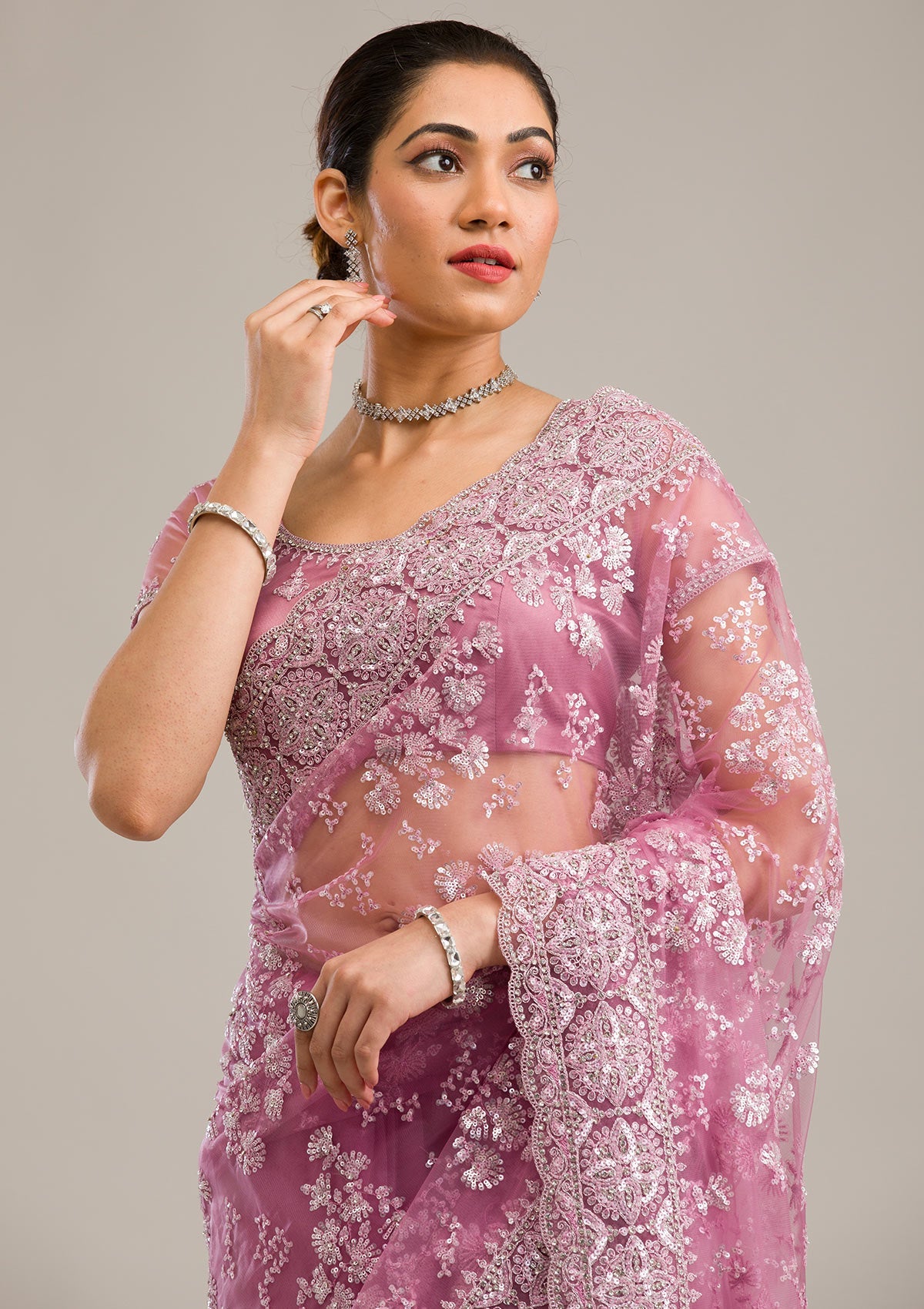 kosariii✴︎ Buy Rani Pink Zariwork Net Saree - Koskii
