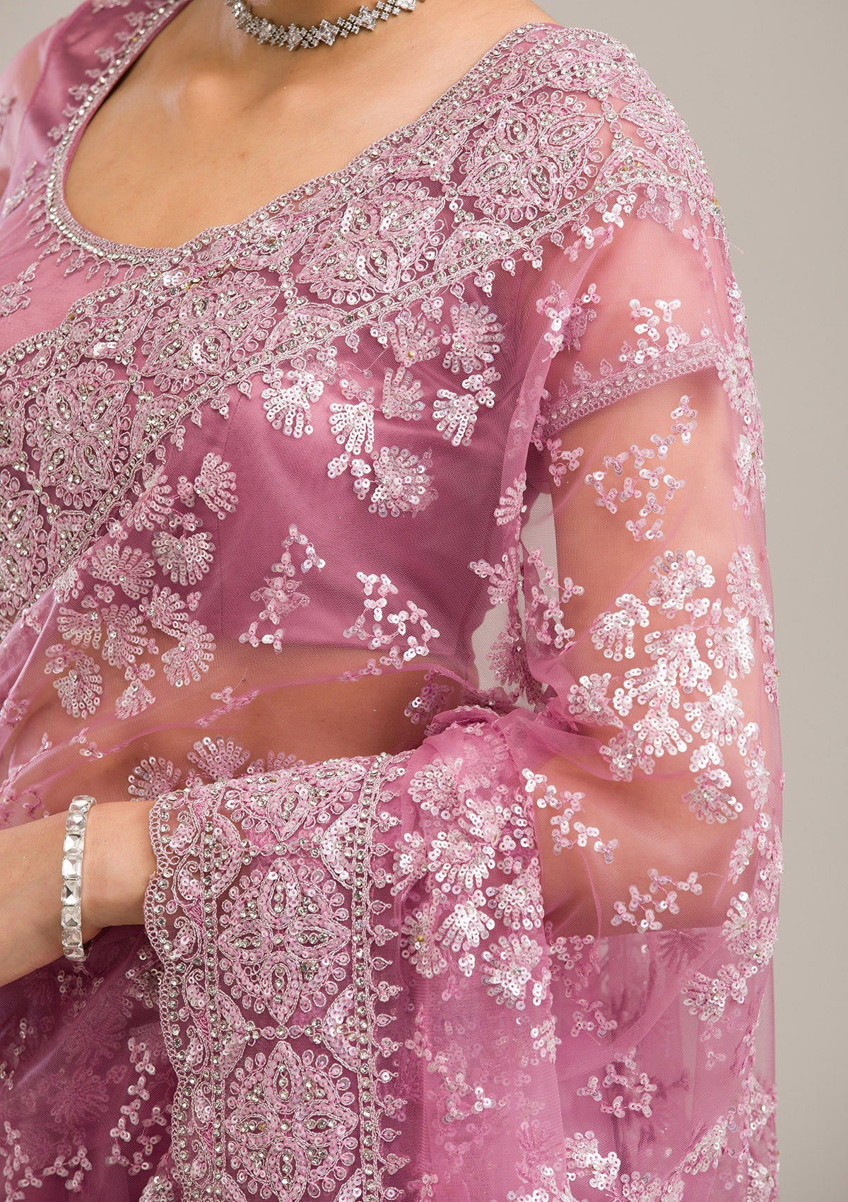 Buy Pink Zariwork Net Saree - Koskii