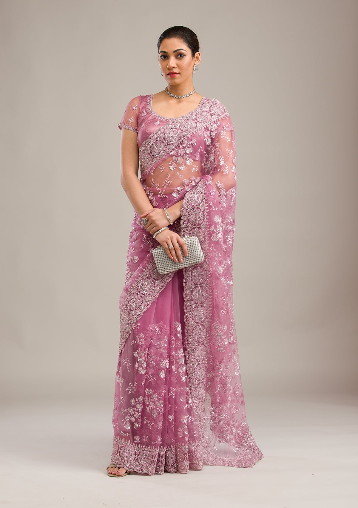 Pink Zariwork Net Saree-Koskii