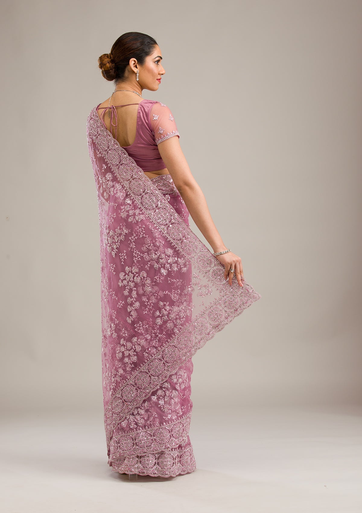 Pink Zariwork Net Saree-Koskii