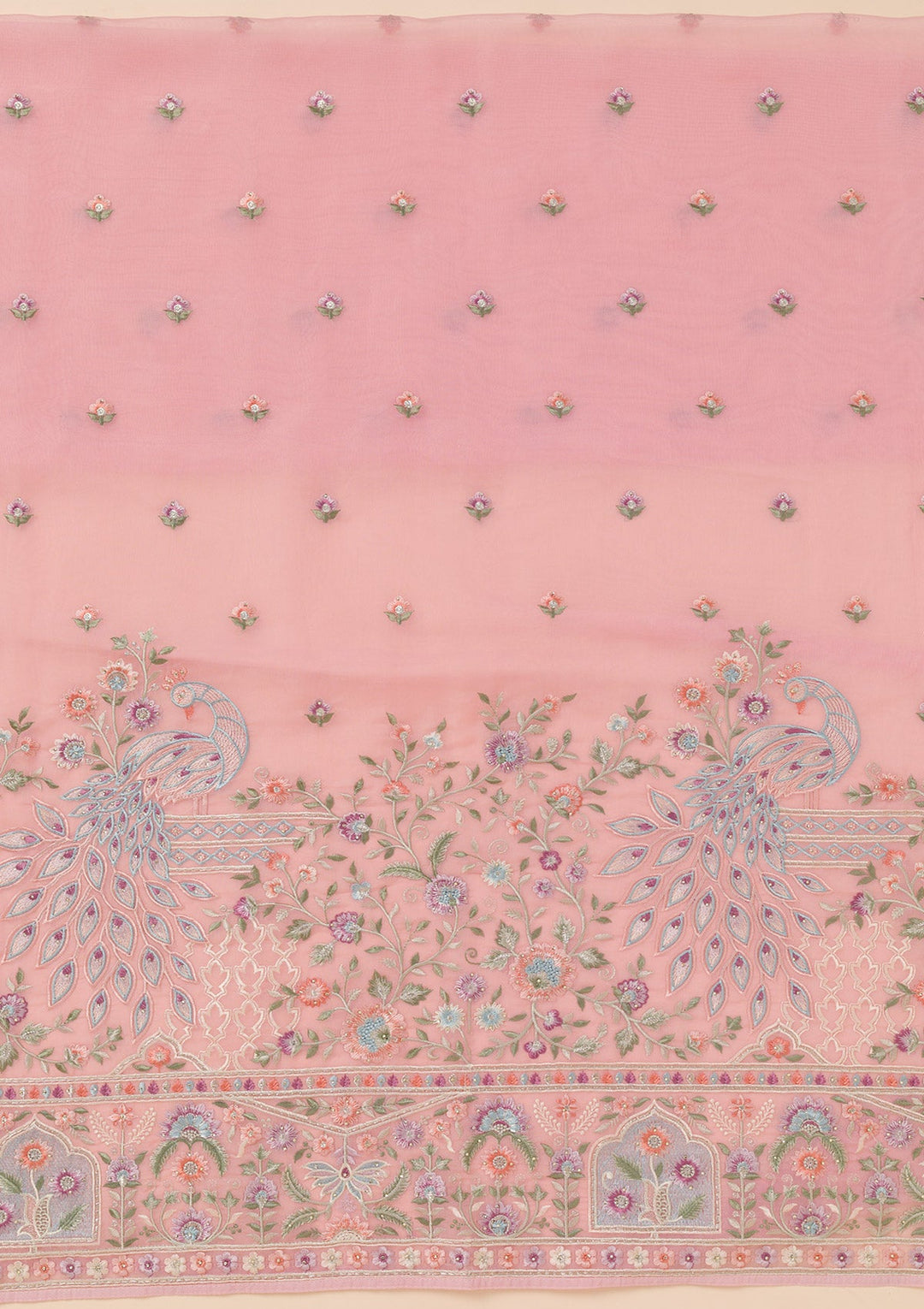 Pink Zariwork Organza Unstitched Salwar Suit-Koskii