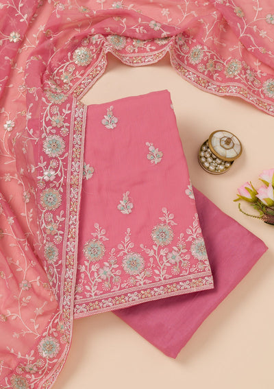 Pink Zariwork Organza Unstitched Salwar Suit-Koskii