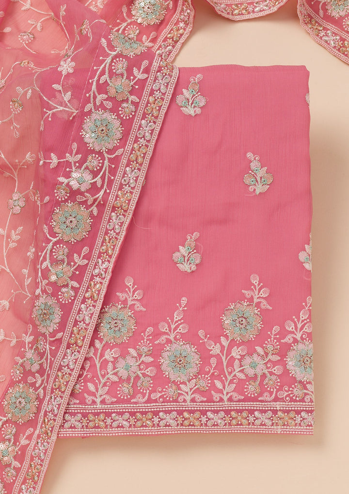 Pink Zariwork Organza Unstitched Salwar Suit-Koskii