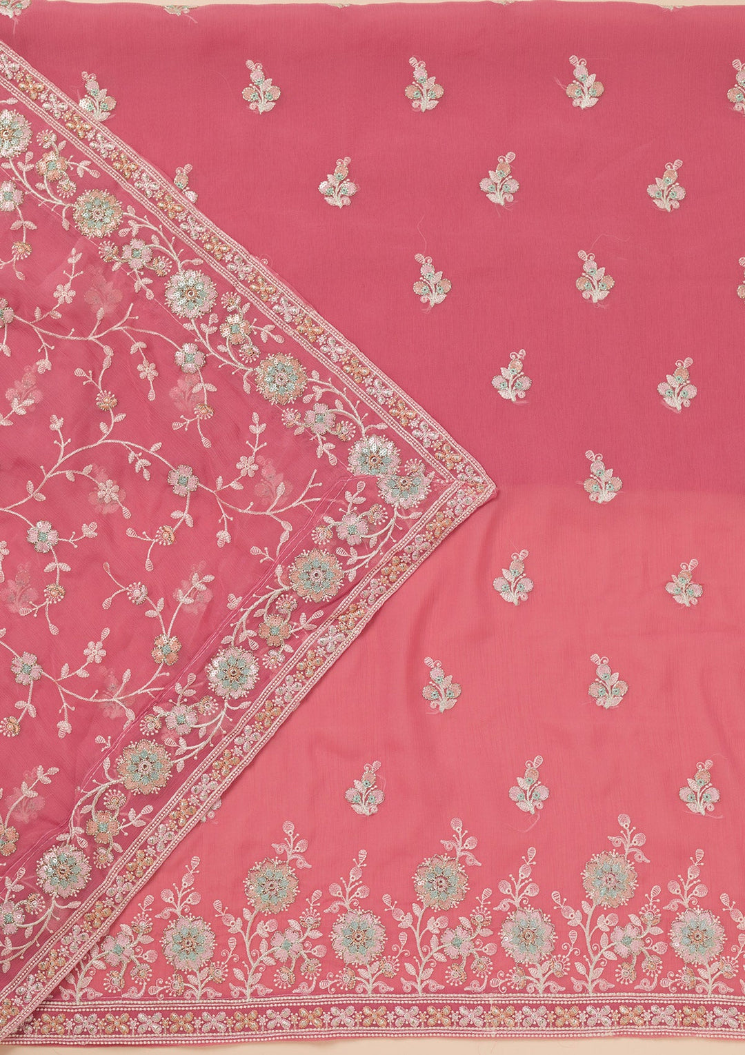 Pink Zariwork Organza Unstitched Salwar Suit-Koskii