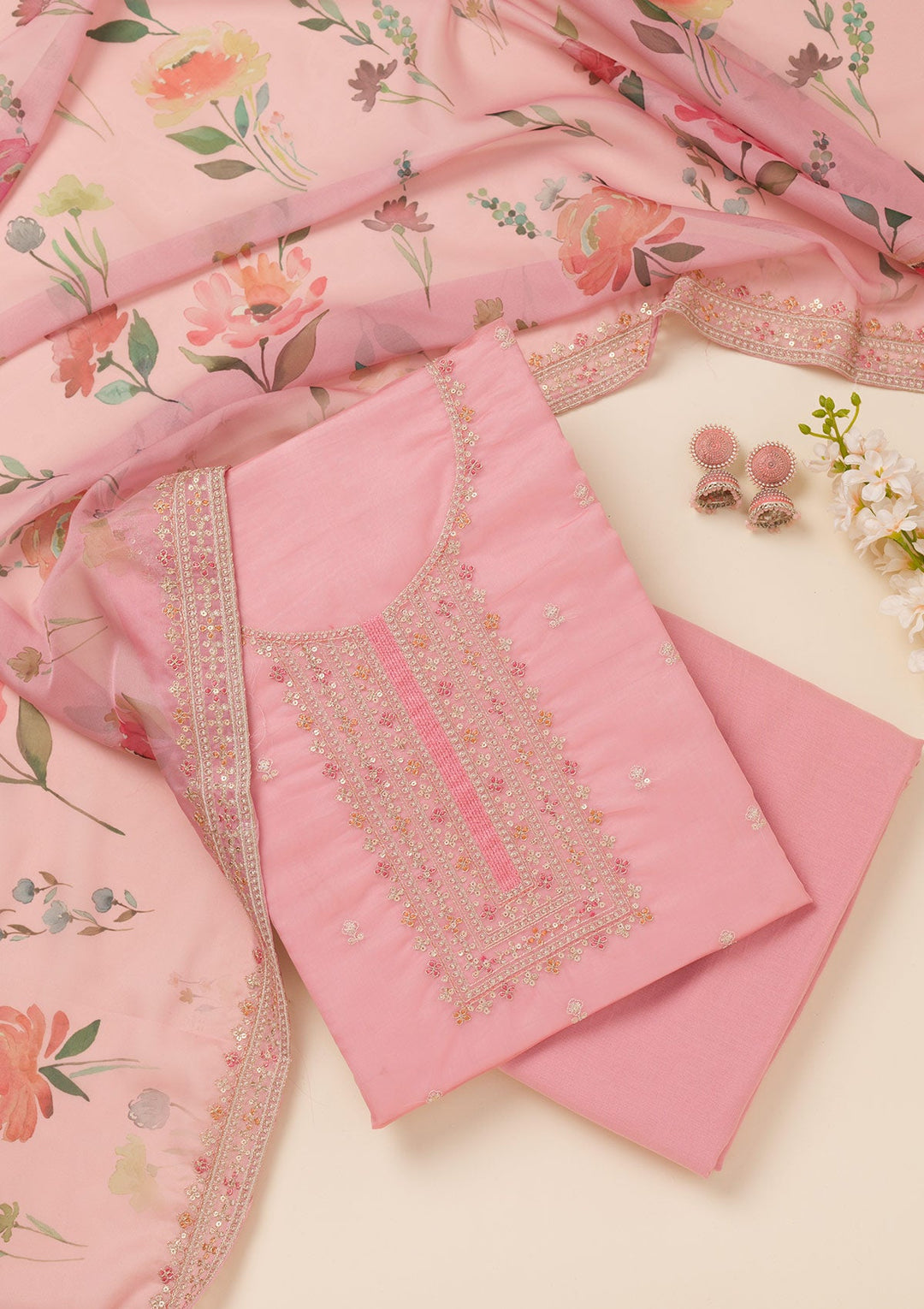 Pink Zariwork Organza Unstitched Salwar Suit-Koskii