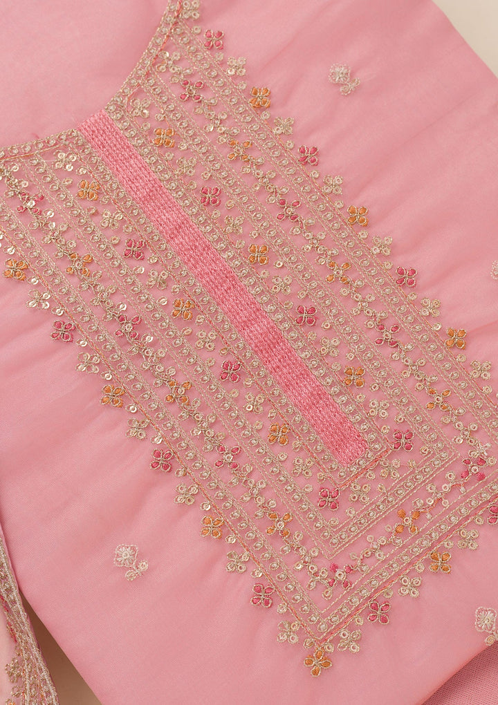 Pink Zariwork Organza Unstitched Salwar Suit-Koskii
