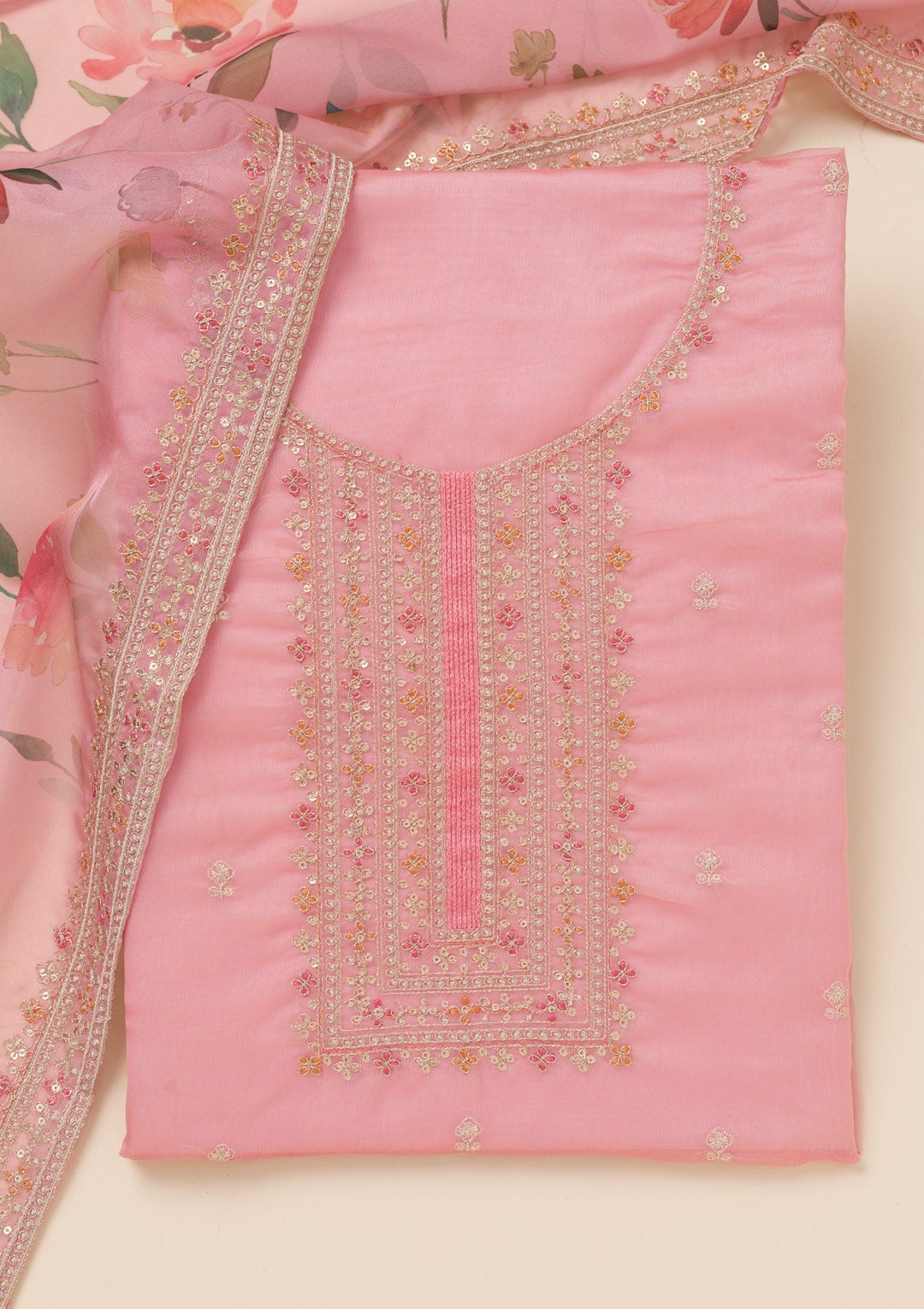 Pink Zariwork Organza Unstitched Salwar Suit-Koskii