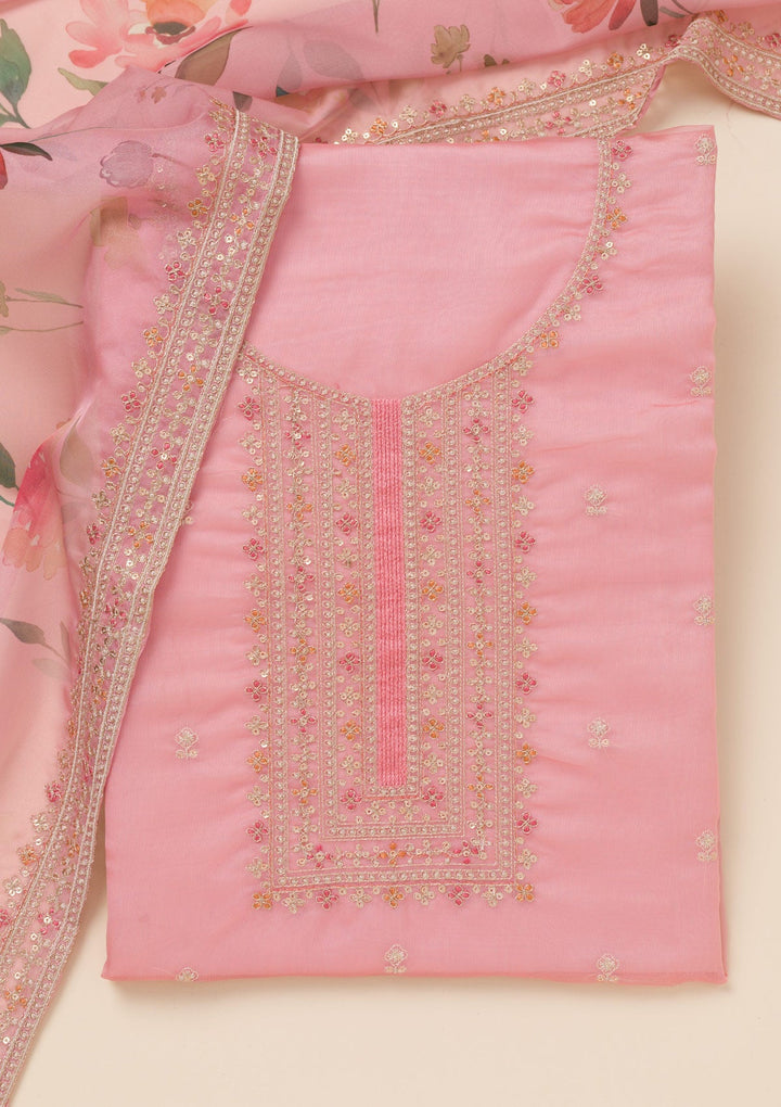 Pink Zariwork Organza Unstitched Salwar Suit-Koskii