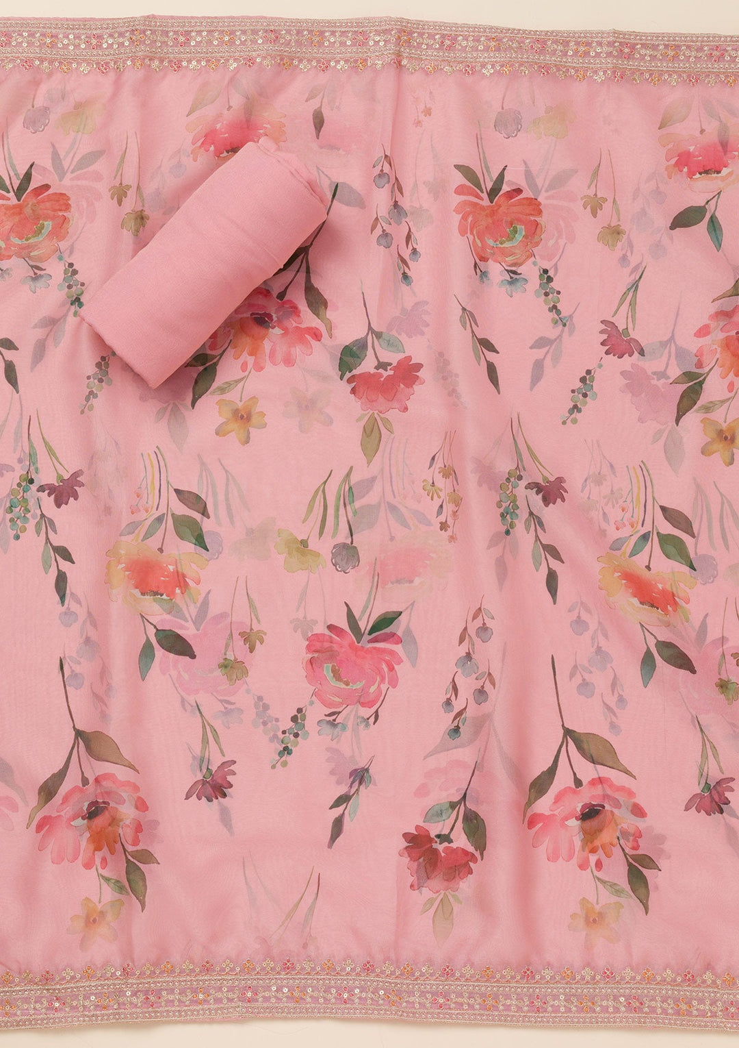 Pink Zariwork Organza Unstitched Salwar Suit-Koskii