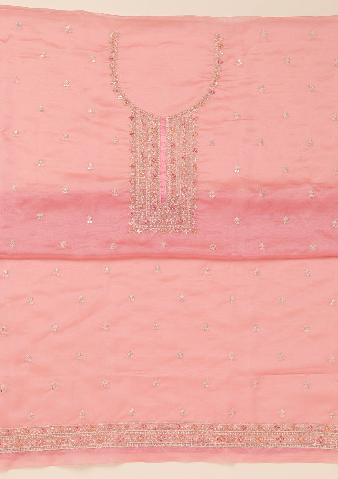 Pink Zariwork Organza Unstitched Salwar Suit-Koskii
