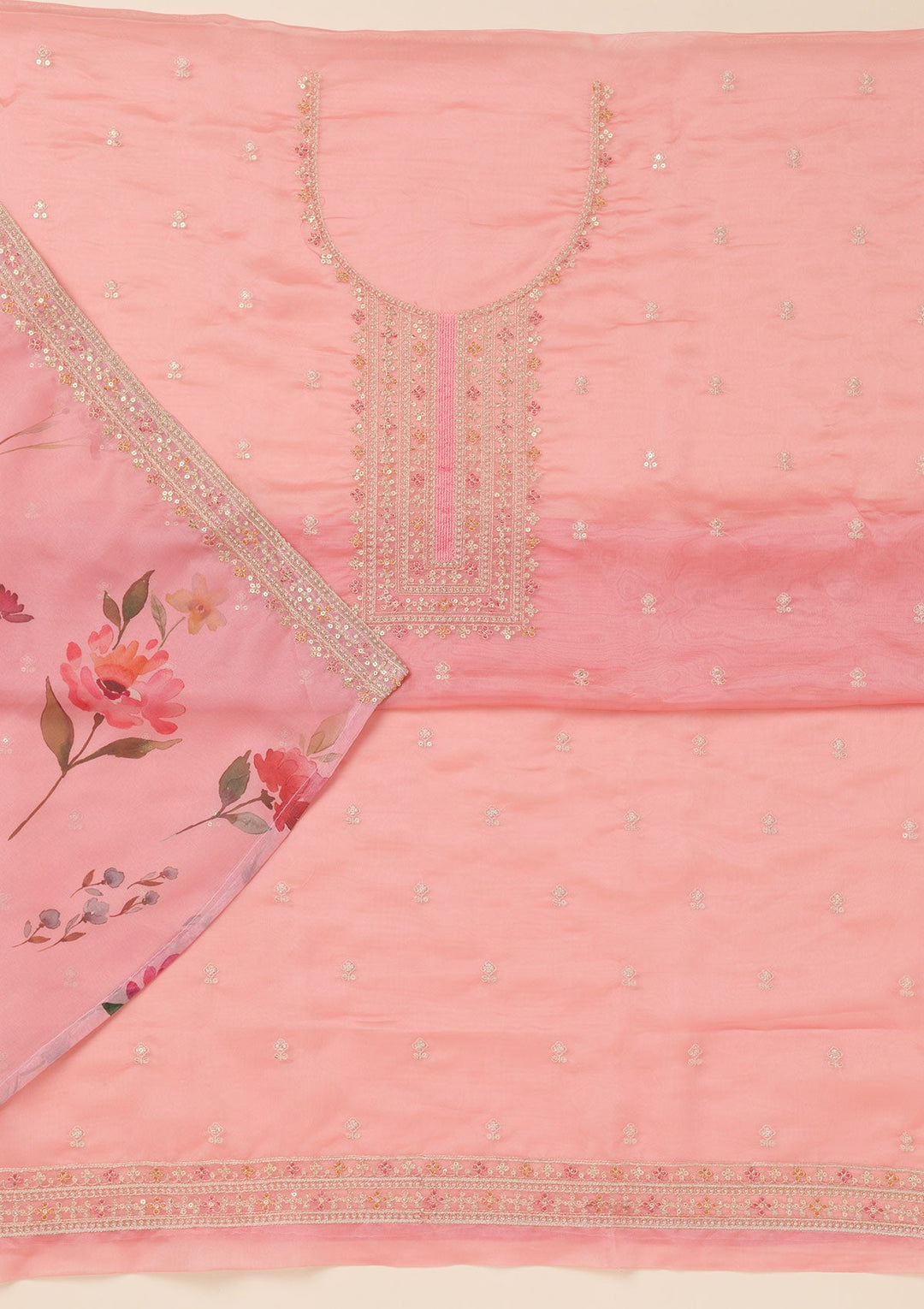 Pink Zariwork Organza Unstitched Salwar Suit-Koskii