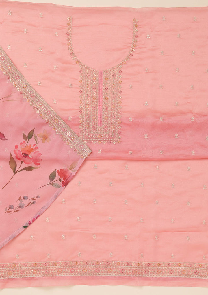 Pink Zariwork Organza Unstitched Salwar Suit-Koskii