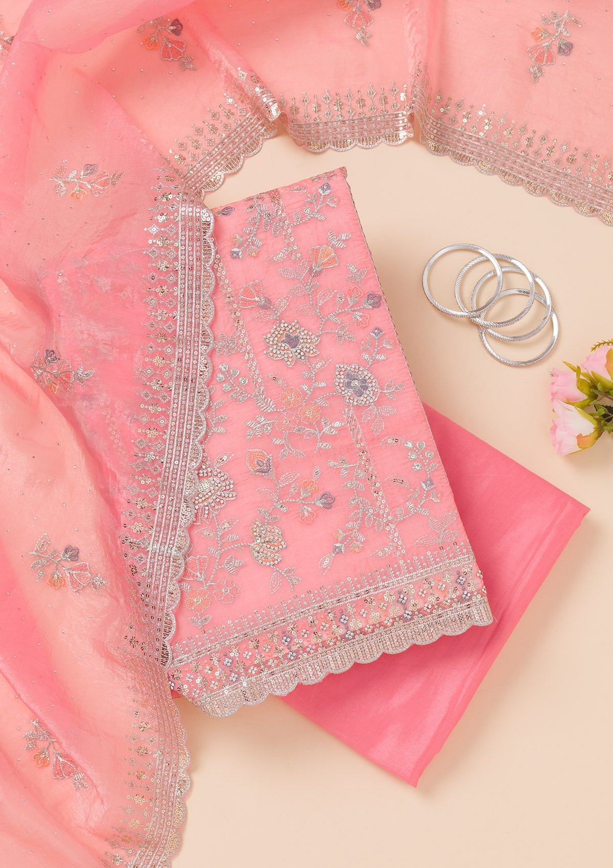 Pink Zariwork Organza Unstitched Salwar Suit-Koskii