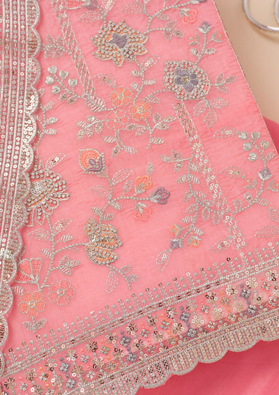 Pink Zariwork Organza Unstitched Salwar Suit-Koskii