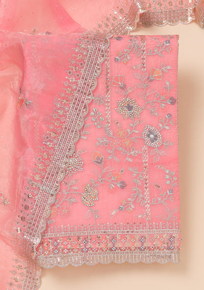 Pink Zariwork Organza Unstitched Salwar Suit-Koskii