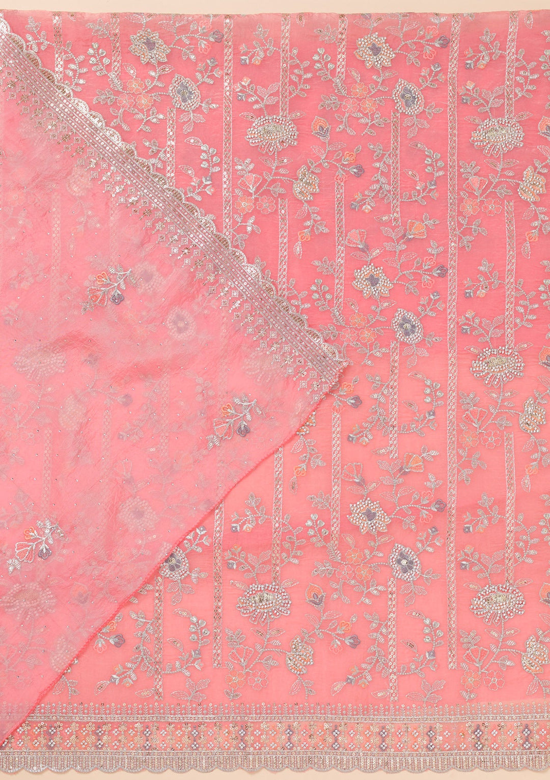 Pink Zariwork Organza Unstitched Salwar Suit-Koskii