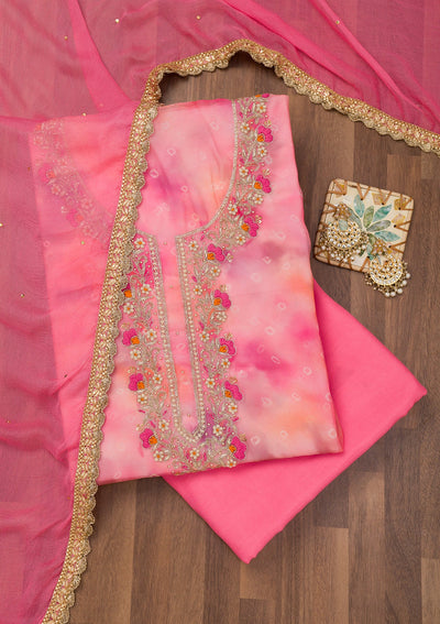 Pink Zariwork Organza Unstitched Salwar Suit-Koskii