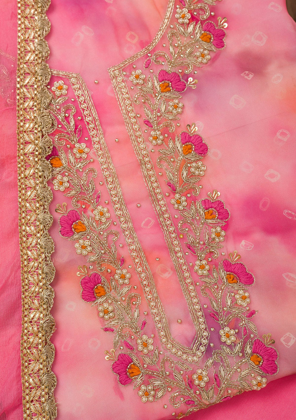 Pink Zariwork Organza Unstitched Salwar Suit-Koskii