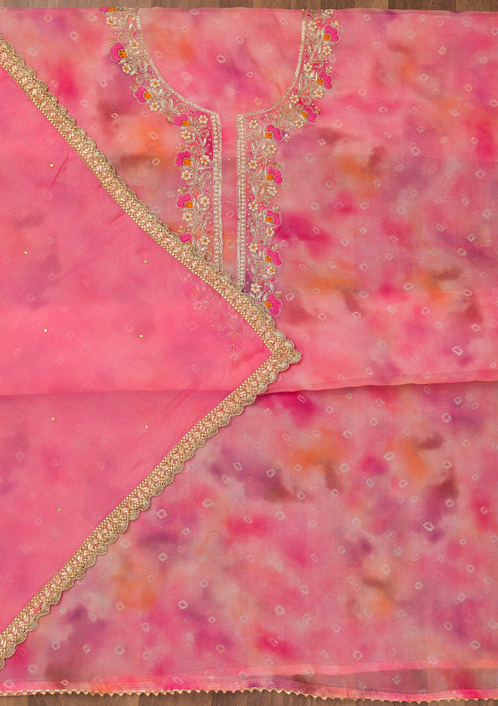 Pink Zariwork Organza Unstitched Salwar Suit-Koskii