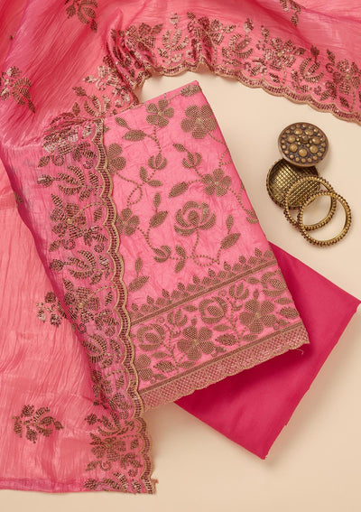 Pink Zariwork Raw Silk Unstitched Salwar Suit-Koskii