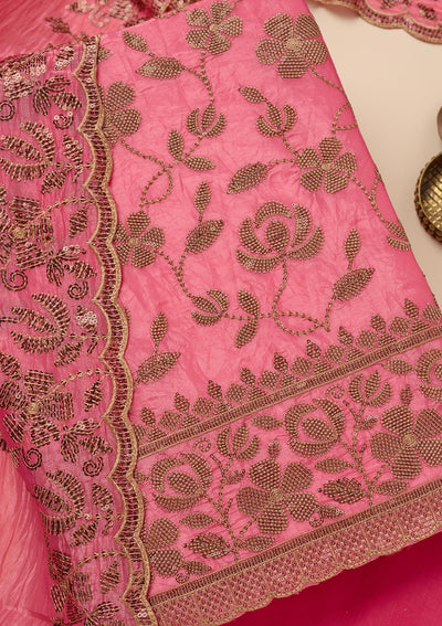 Pink Zariwork Raw Silk Unstitched Salwar Suit-Koskii