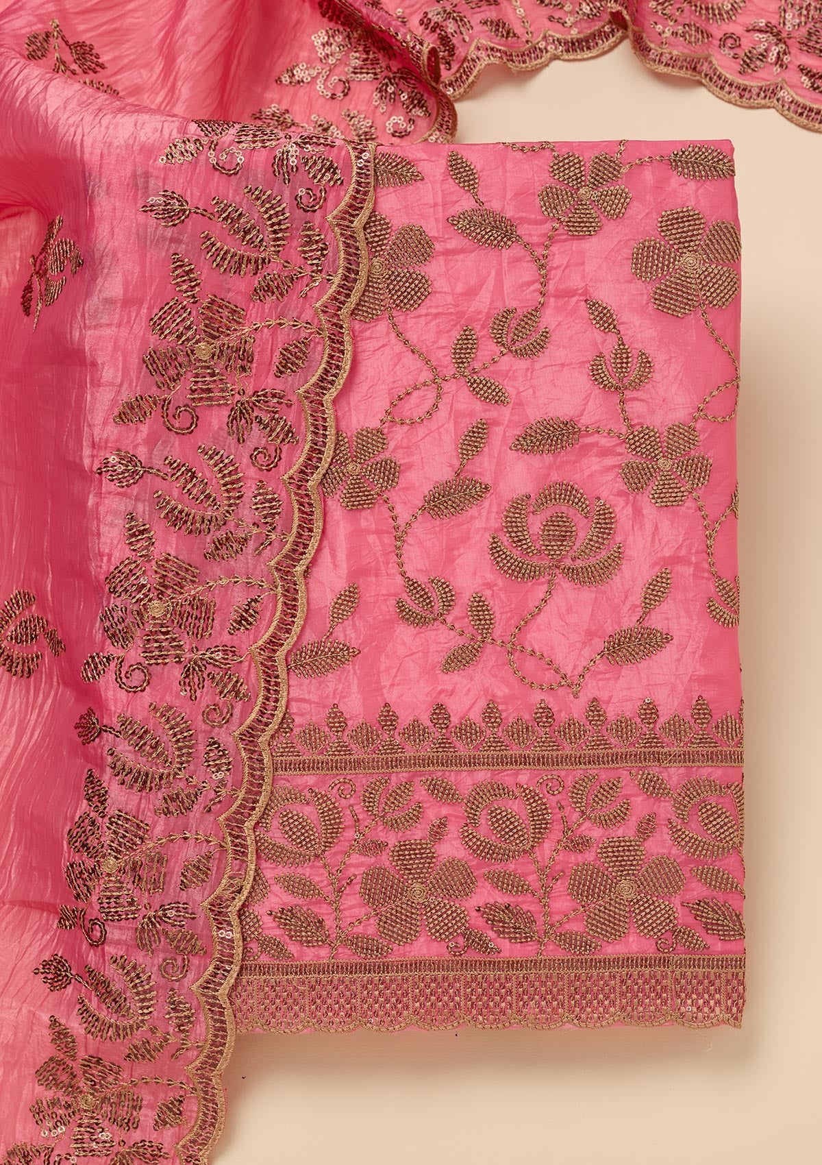 Pink Zariwork Raw Silk Unstitched Salwar Suit-Koskii