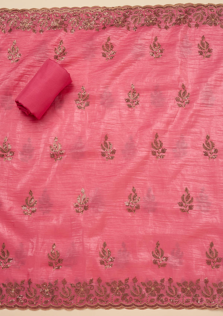 Pink Zariwork Raw Silk Unstitched Salwar Suit-Koskii