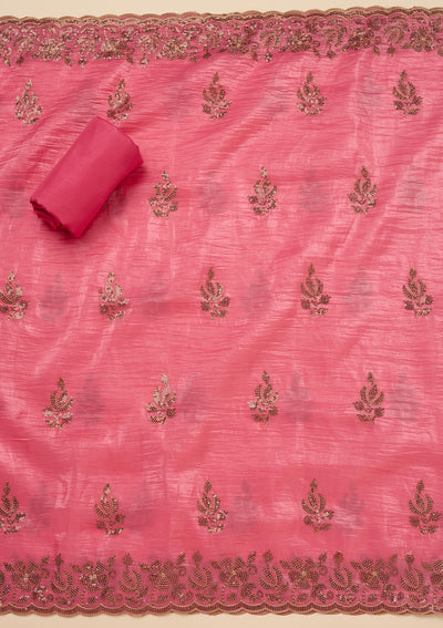 Pink Zariwork Raw Silk Unstitched Salwar Suit-Koskii