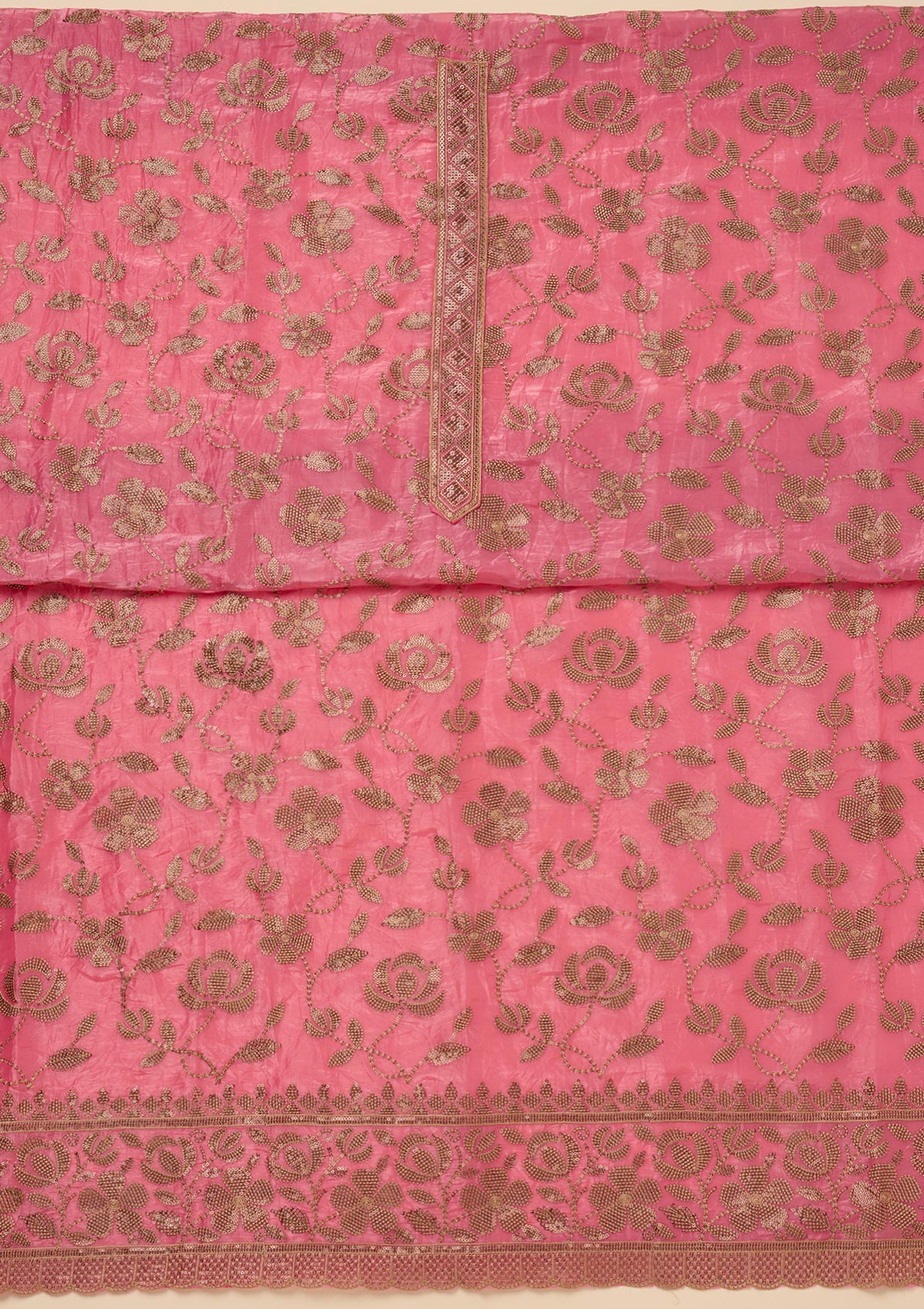 Pink Zariwork Raw Silk Unstitched Salwar Suit-Koskii