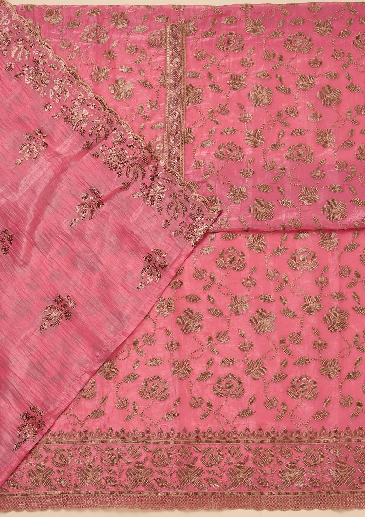 Pink Zariwork Raw Silk Unstitched Salwar Suit-Koskii