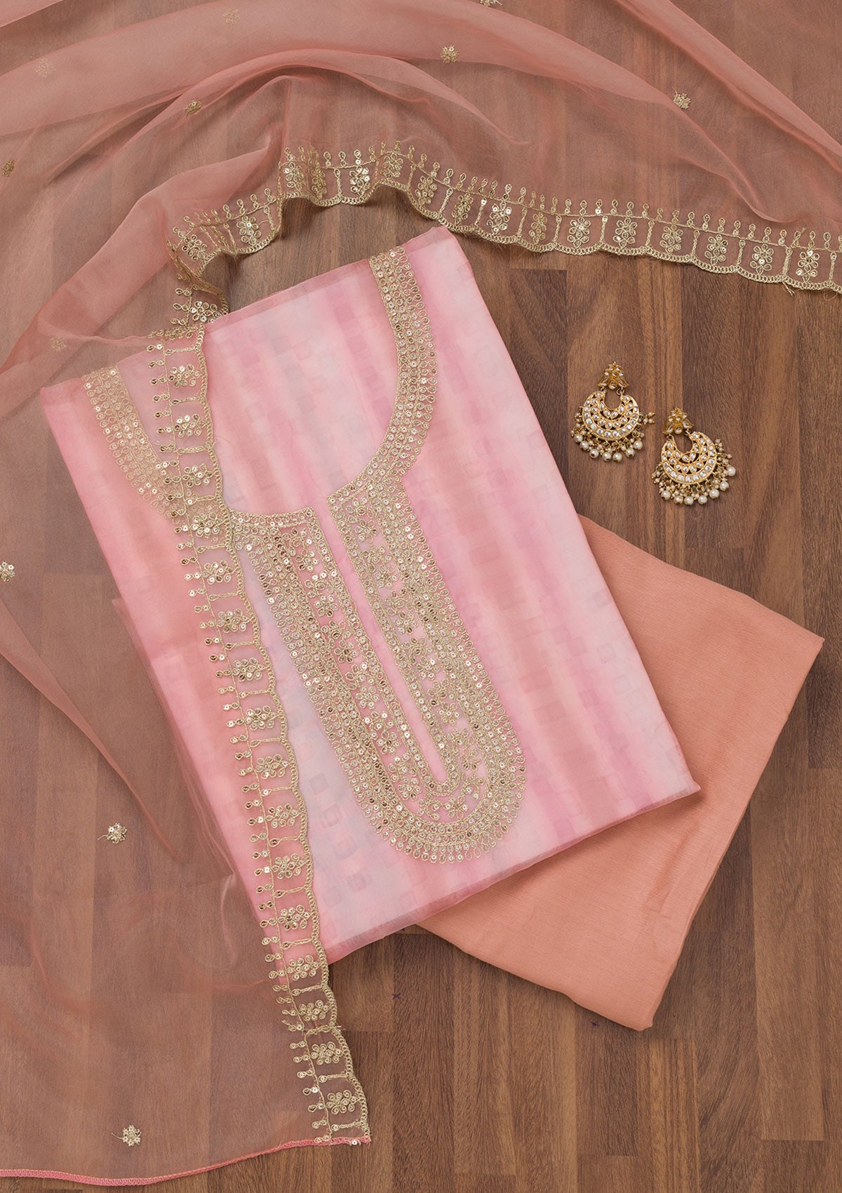 Pink Zariwork Semi Crepe Unstitched Salwar Suit-Koskii