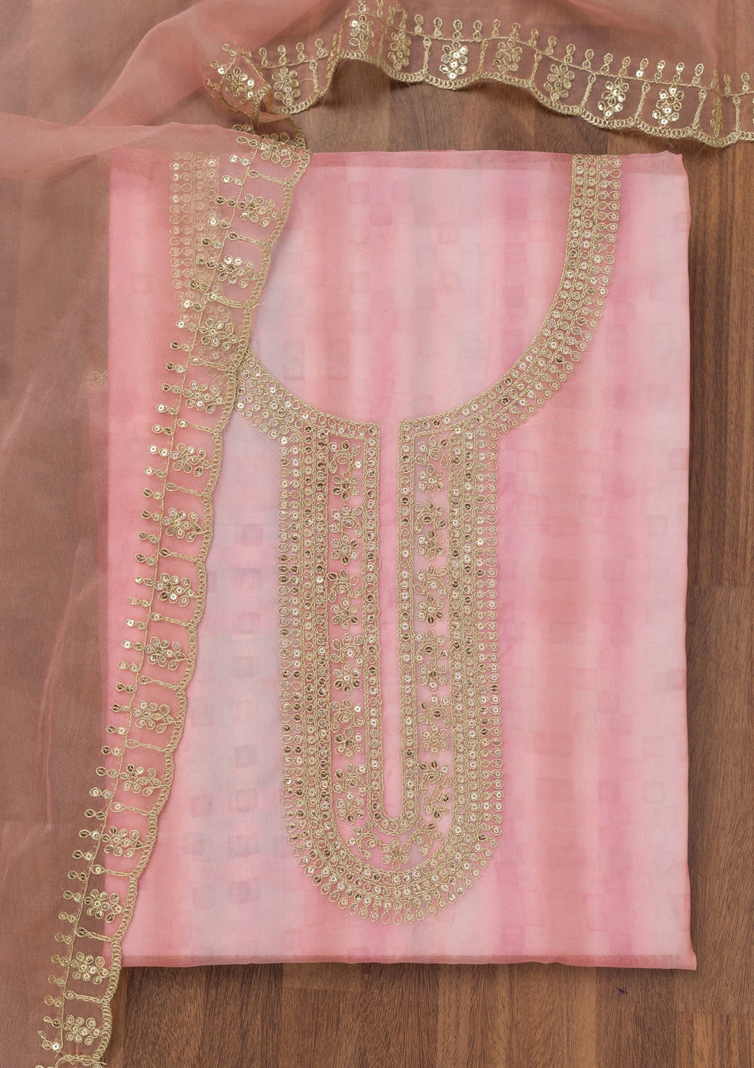 Pink Zariwork Semi Crepe Unstitched Salwar Suit-Koskii