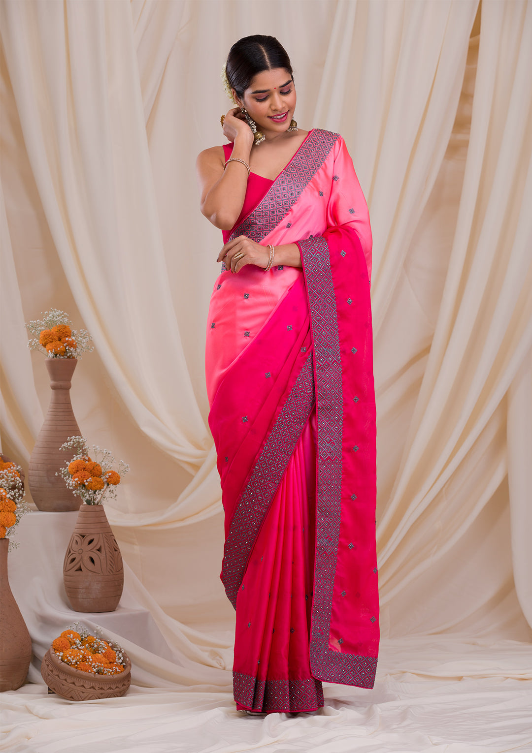 Baby Pink Swarovski Georgette Designer Saree-Koskii