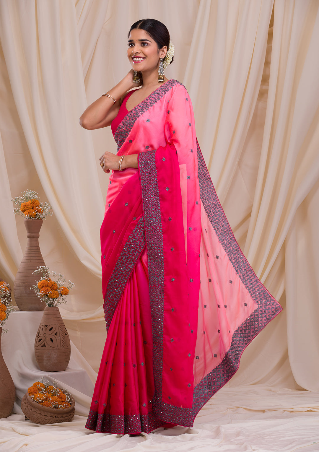 Baby Pink Swarovski Georgette Designer Saree-Koskii