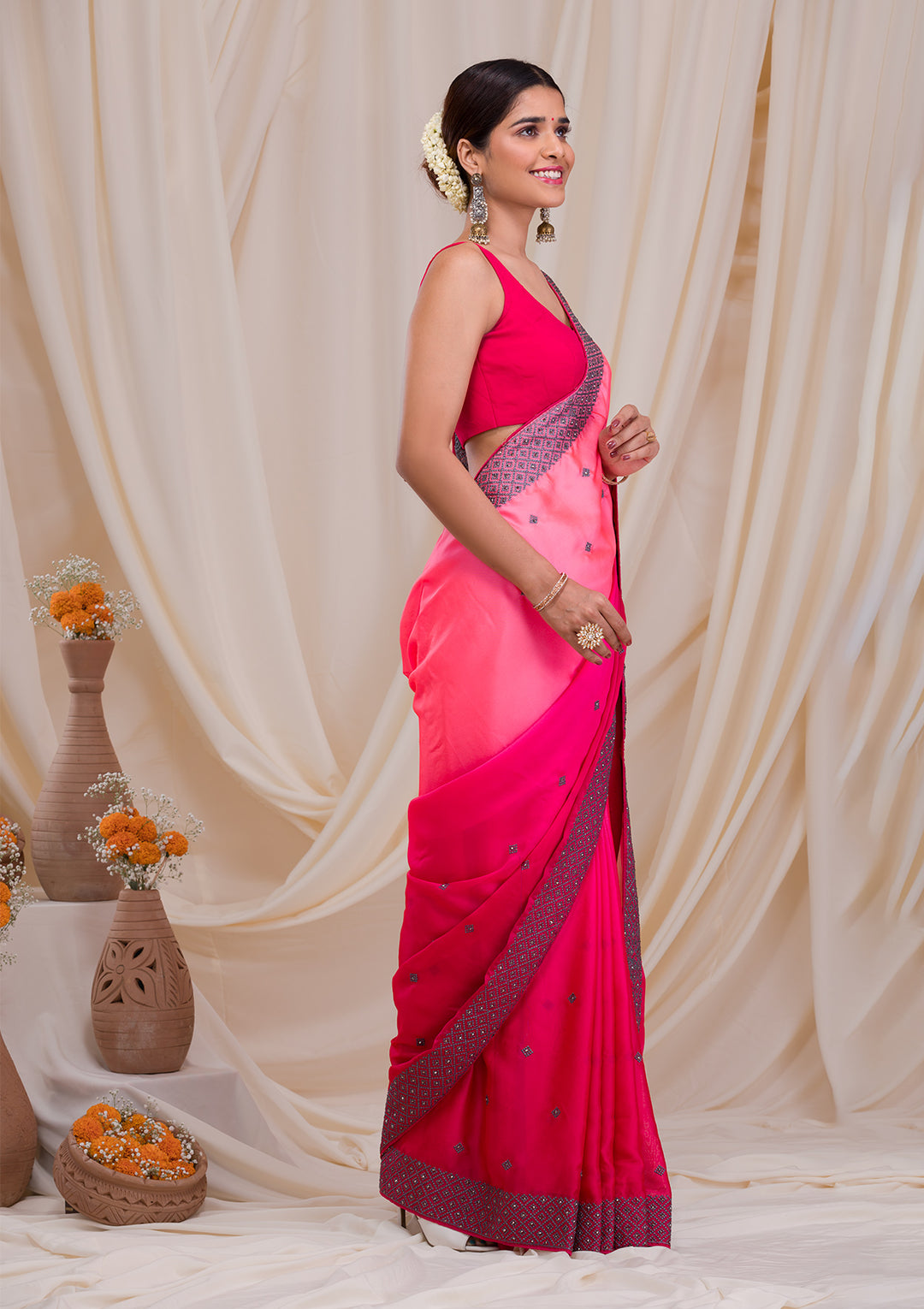 Baby Pink Swarovski Georgette Designer Saree-Koskii